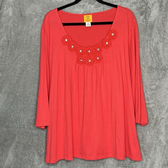Ruby Rd 2X Top Shirt Coral Pink Solid Scoop Neck 3/4 Sleeve Embroidered Stretch - Picture 1 of 6